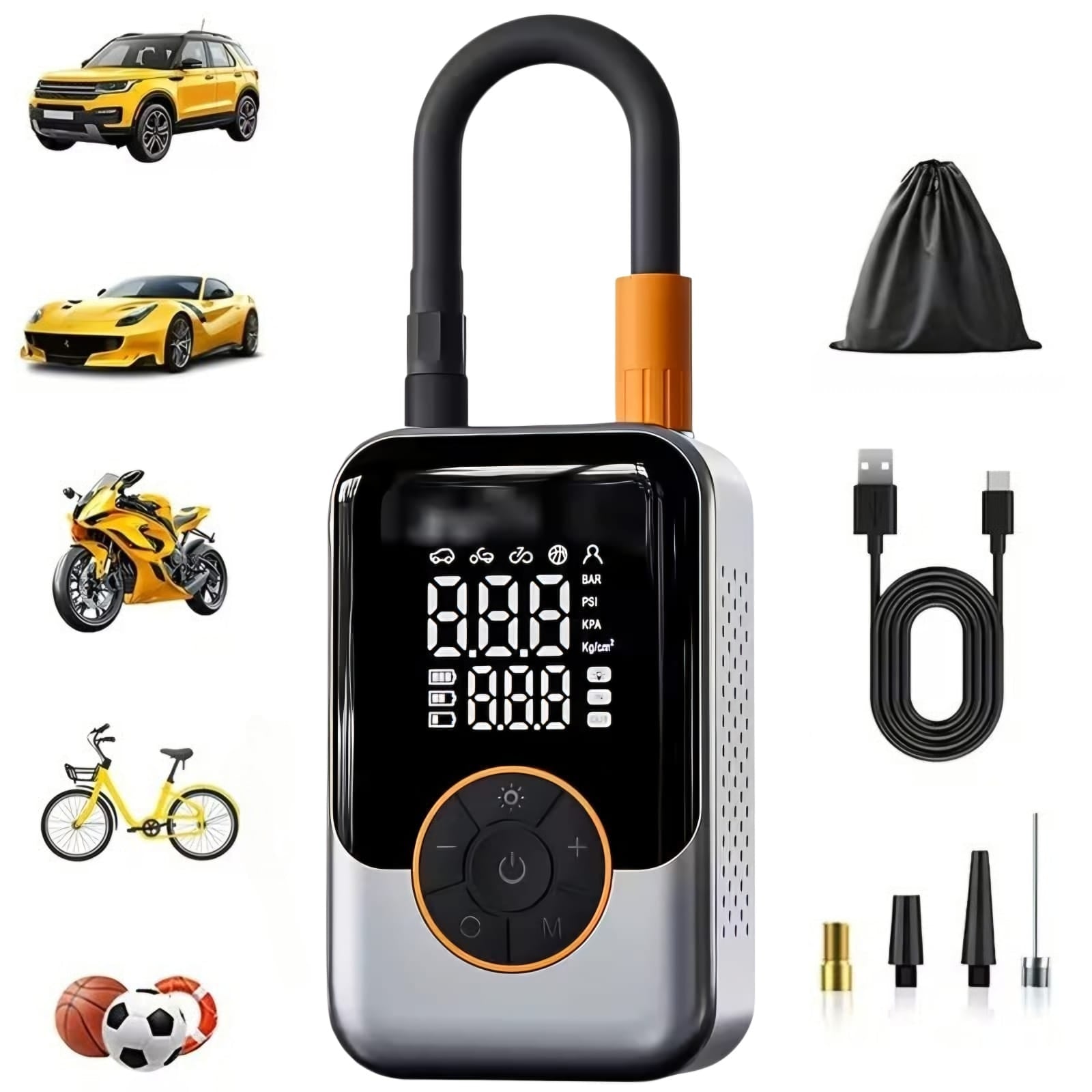 Mini Inflador de Neumaticos, Compresor de Aire Portatil con Pantalla LED, Recargable hasta 150PSI.