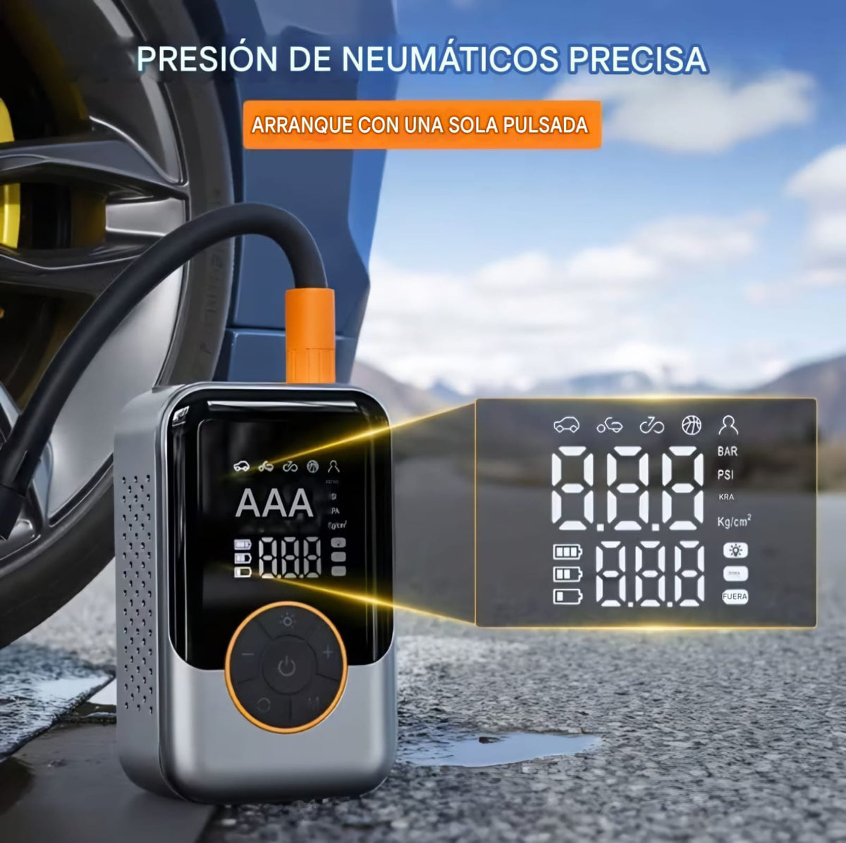 Mini Inflador de Neumaticos, Compresor de Aire Portatil con Pantalla LED, Recargable hasta 150PSI.