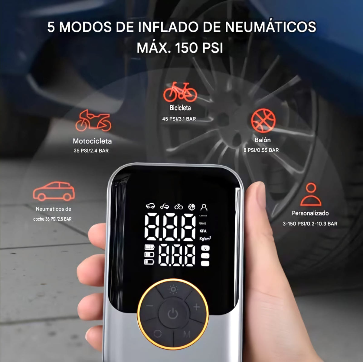 Mini Inflador de Neumaticos, Compresor de Aire Portatil con Pantalla LED, Recargable hasta 150PSI.