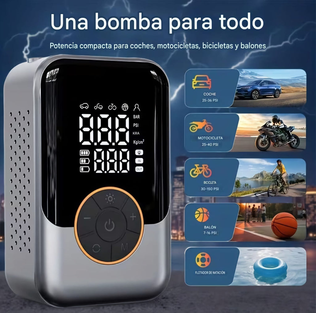 Mini Inflador de Neumaticos, Compresor de Aire Portatil con Pantalla LED, Recargable hasta 150PSI.